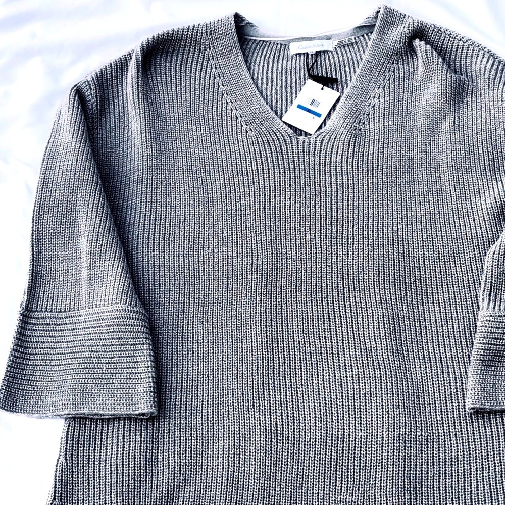 Calvin Klein Womens Sweater XL Gray Metallic Knit V-Neck 3/4 Sleeve Pullover NWT